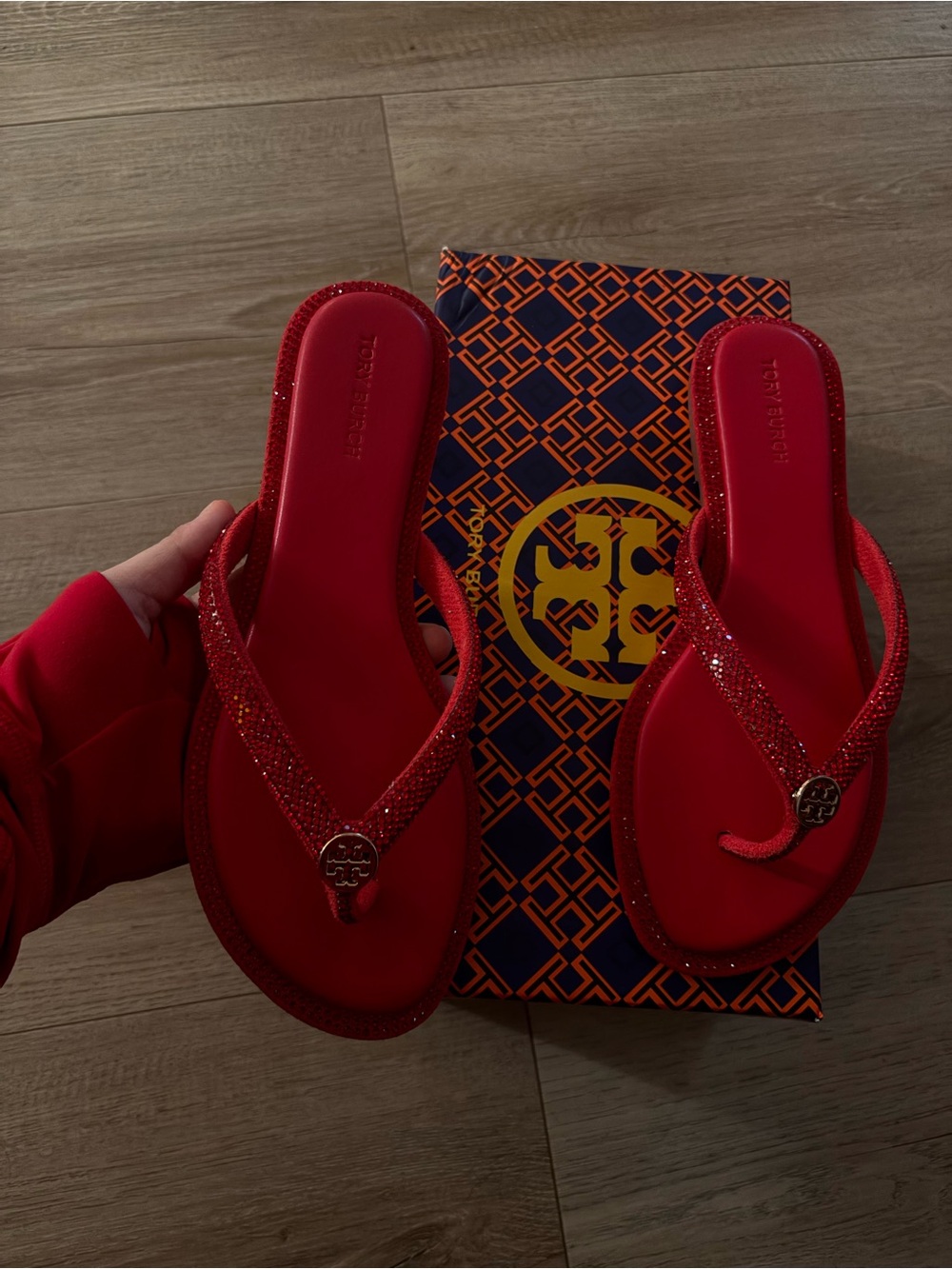 Tory Burch Red Glitter Thong Sandals with Logo Medallion